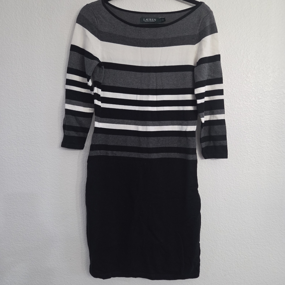 Ralph Lauren Black White Gray Striped  Sweater Stretch Pencil Dress 3/4 Sleeve S